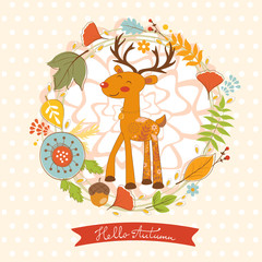 Hello autumn concept card with cute deer