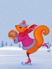 Fashionably dressed cute squirrel skating with hazelnut in her paws  - 91354745
