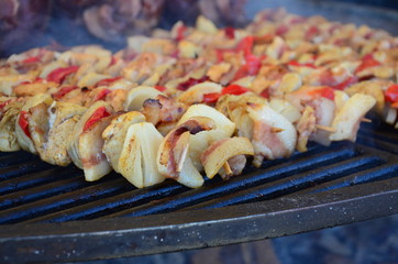 Skewers on wooden stick with tasty pork meat and vegetables mix