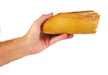 Man giving or sharing bread isolated on a white background