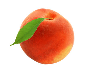 fresh sweet peach with green leaf isolated on white background