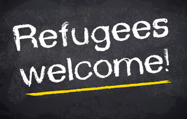 Schild mit Asyl, Flüchtlinge, Refugees Welcome, Stempel, Tafel, Solidarität