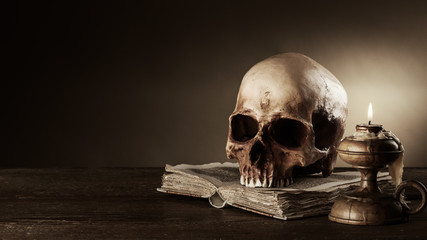 Human skull and ancient book still life © stokkete