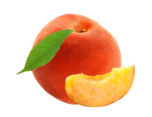 fresh sweet peach with green leaf isolated on white background