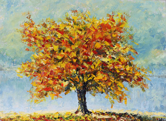 lonely autumn tree, fallen leaves, clouds, painting