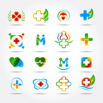 Medical pharmacy and health care logo design templates, icons set. Isolated vector illustrations.