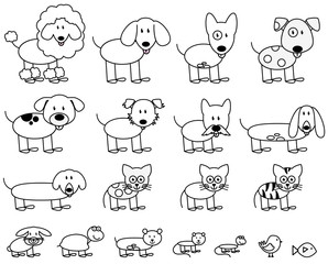 Vector Collection of Cute Stick Figure Pets and Animals - 91359329