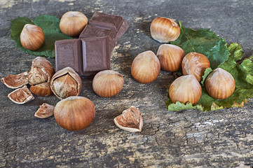 Fresh brown hazelnut on wooden table whit chocolate.