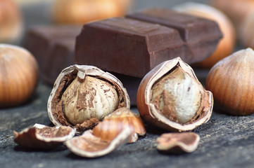 Close up fresh brown hazelnut on wooden table whit chocolate.