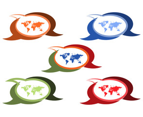 vector set of chat bubbles of different colors and shades with the world map