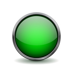 Button. Green shiny glass sphere with metal frame. 
