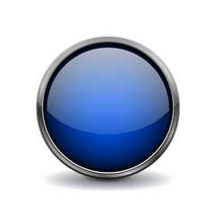 Button. Blue shiny glass sphere with metal frame. 