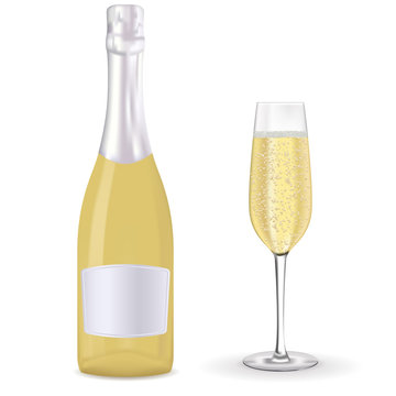 Champagne bottle with blank label and a glass.