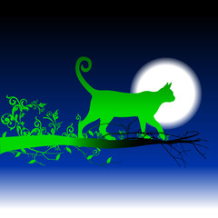 
Green silhouette cat walking on the branch
