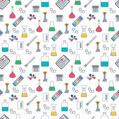 Drawing chemical seamless pattern. Chemical glassware and reagents. Flat design. Vector