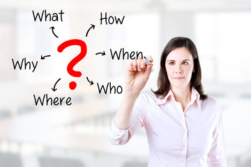 Young business woman analyzing problem. Office background.