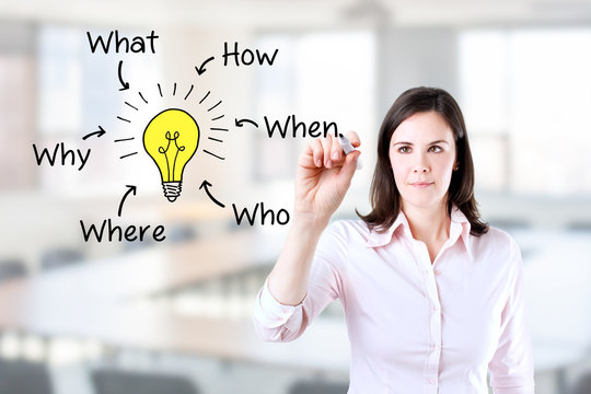 Business woman analyzing problem and find solution. Office background.