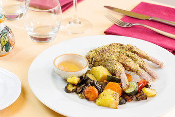 lamb cutlet cooked with pistachio crust and grilled vegetables a