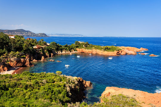 Esterel rocks beach coast and sea. Cote Azur, Provence, France.