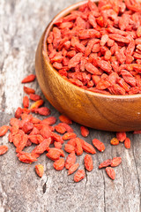 Bowl of goji berries on wooden table