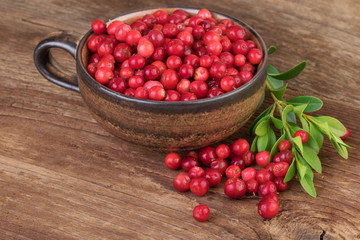 Cowberry Lingonberry cup on wooden table