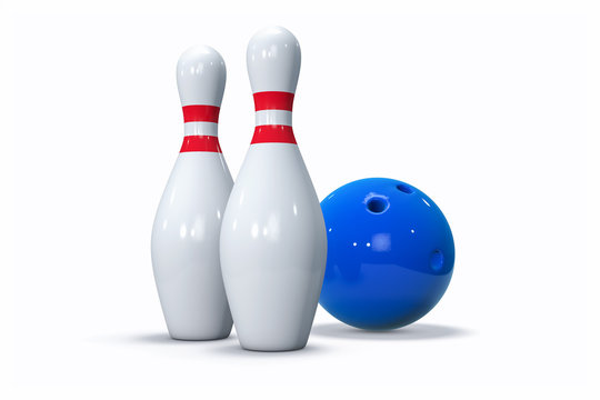 3D Bowling Background. Pins and Ball Isolated Render. Accuracy, target or success concept.