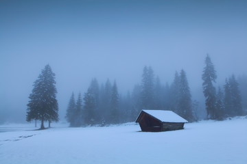 old wooden hut in foggy winter forest