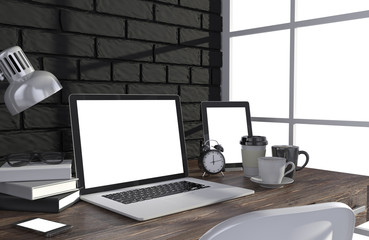 3D illustration laptopand work stuff on table near brick wall