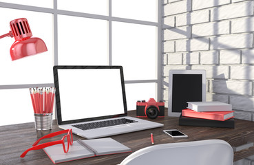 3D illustration laptopand work stuff on table near brick wall