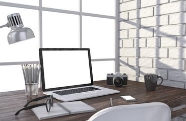 3D illustration laptopand work stuff on table near brick wall