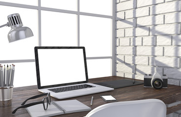 3D illustration laptopand work stuff on table near brick wall