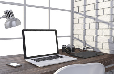 3D illustration laptopand work stuff on table near brick wall