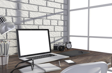 3D illustration laptopand work stuff on table near brick wall