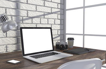 Fototapeta premium 3D illustration laptopand work stuff on table near brick wall