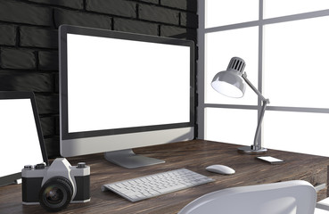 Fototapeta premium 3D illustration PC screen on table in office, Workspace