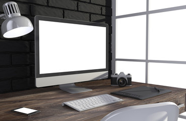 Fototapeta premium 3D illustration PC screen on table in office, Workspace