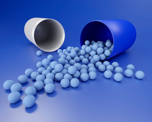3D illustration of medical pill with small capsules on blue background