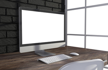 Fototapeta premium 3D illustration PC screen on table in office, Workspace