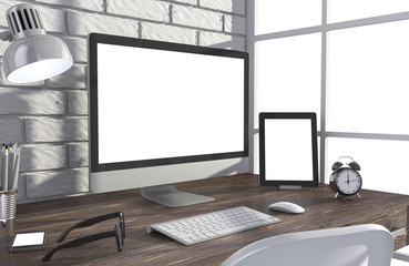 Fototapeta premium 3D illustration PC screen on table in office, Workspace