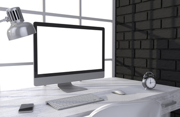 Fototapeta premium 3D illustration PC screen on table in office, Workspace