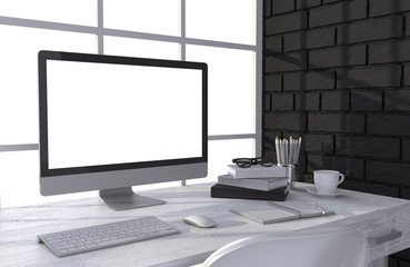 Fototapeta premium 3D illustration PC screen on table in office, Workspace