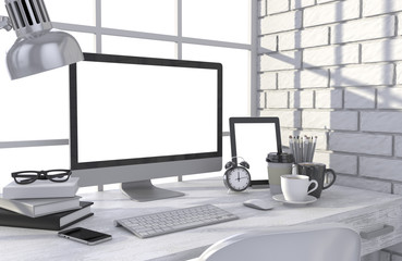 3D illustration PC screen on table in office, Workspace