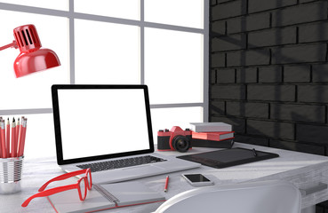 3D illustration laptopand work stuff on table near brick wall