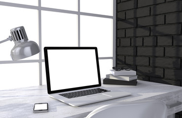 3D illustration laptopand work stuff on table near brick wall