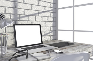Fototapeta premium 3D illustration laptopand work stuff on table near brick wall