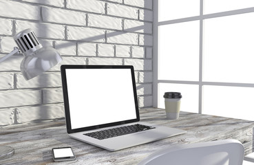 3D illustration laptopand work stuff on table near brick wall