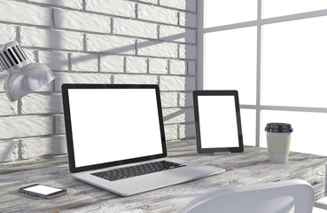 Fototapeta premium 3D illustration laptopand work stuff on table near brick wall