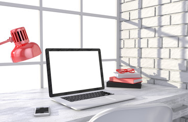 3D illustration laptopand work stuff on table near brick wall