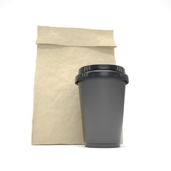 Coffee to go and lunch bag, on white.