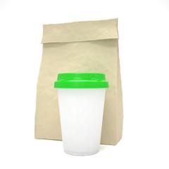 Coffee to go and lunch bag, on white.